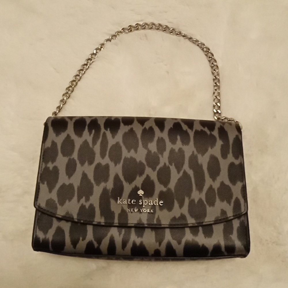 Kate Spade Black & Grey Animal Print Bag W Silver Chain
